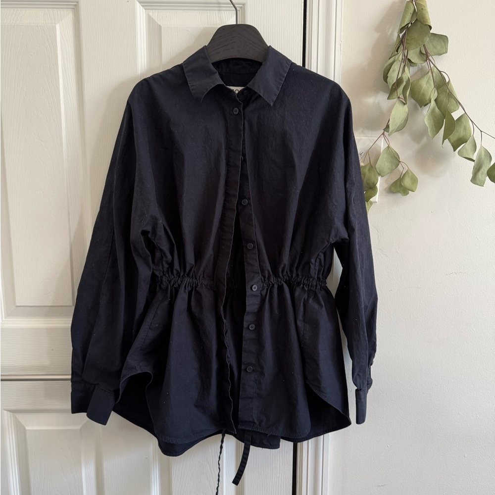 Black Button-Up Shirt with Drawstring Waist